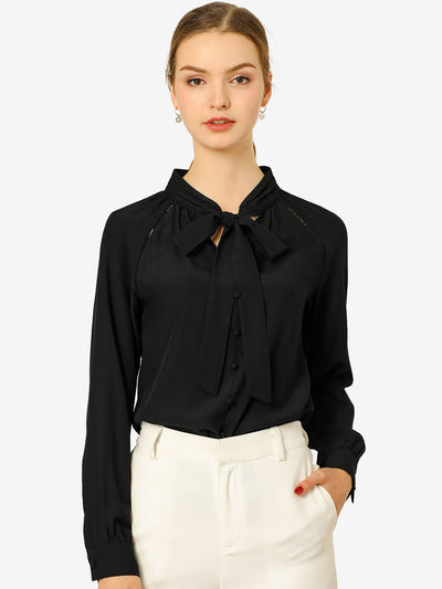 Office Long Sleeve Button Decor Elegant Bow Tie Neck Blouse