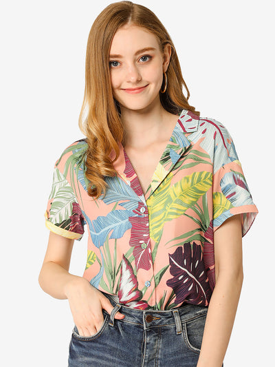 Hawaiian Tropical Leaves Floral Short Sleeve Button Down Shirt