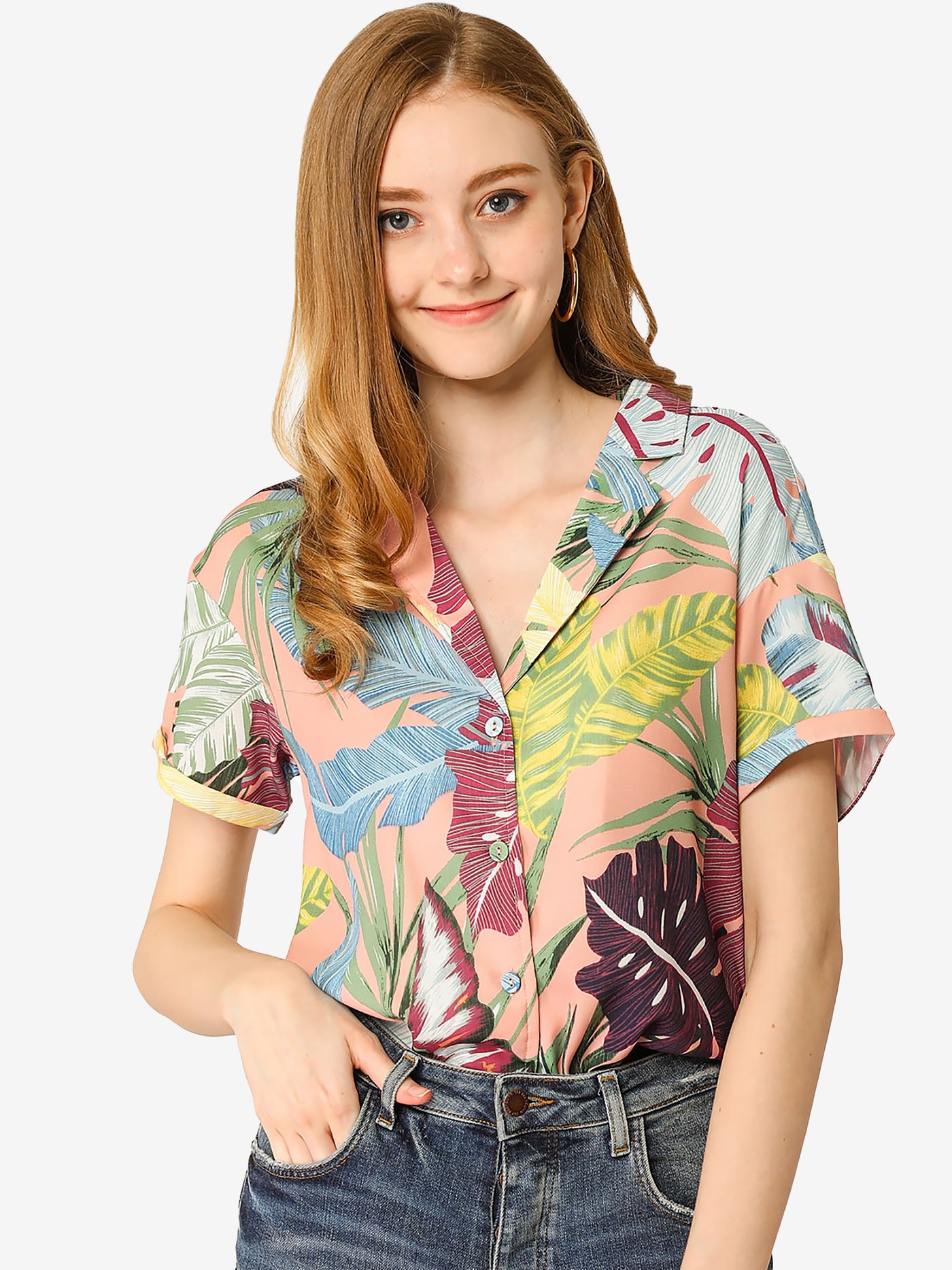 Allegra K Hawaiian Tropical Leaves Floral Short Sleeve Button Down Shirt