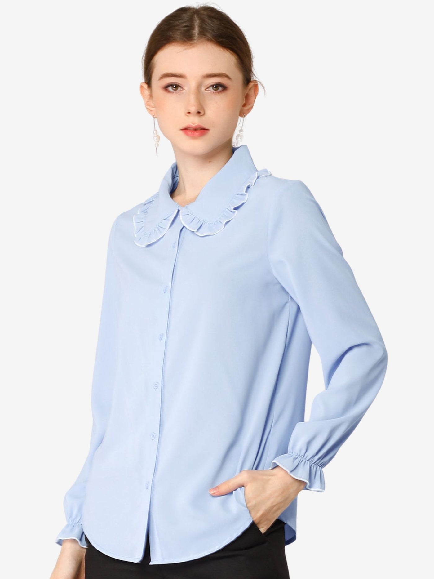 Allegra K Sweet Ruffle Peter Pan Collar Long Sleeve Button Up Shirt