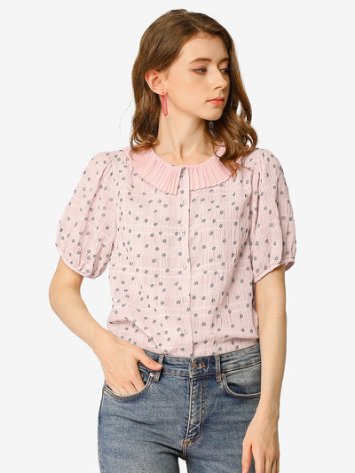 Button Down Short Sleeve Shirt Pleated Collar Floral Blouse