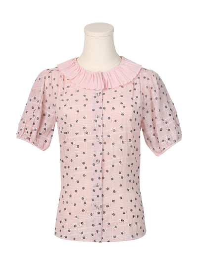 Button Down Short Sleeve Shirt Pleated Collar Floral Blouse