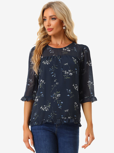 Casual Ruffle 3/4 Sleeve Floral Print Chiffon Blouse