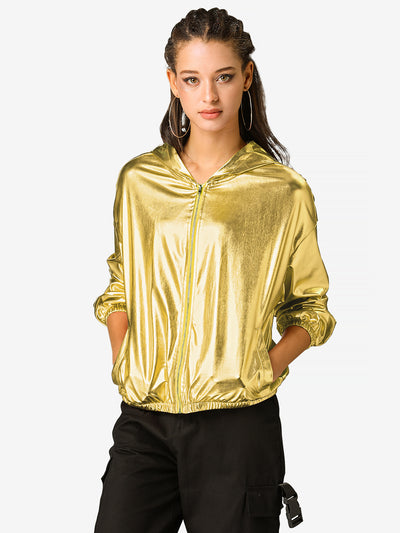 Holographic Party Shiny Lightweight Zipper Hooded Metallic Jacket