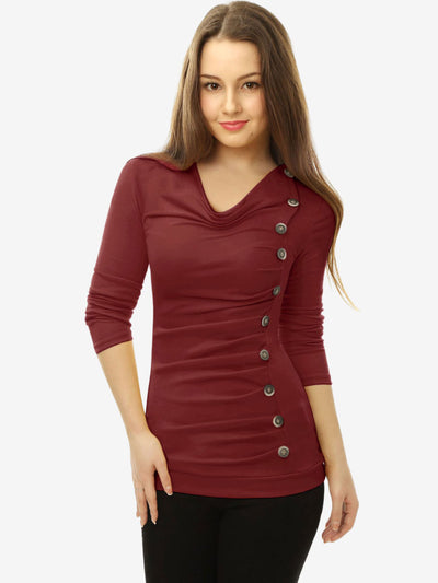 Buttons Decor Cowl Neck Long Sleeve Ruched Top