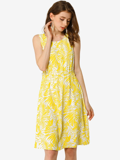 Tropical Leaf Pattern Sleeveless Round Neck Belt Casual Summer Dress Sundress