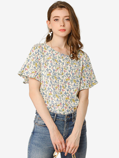 Allegra K Floral Blouse Tee Chiffon Casual Flutter Sleeve Tops