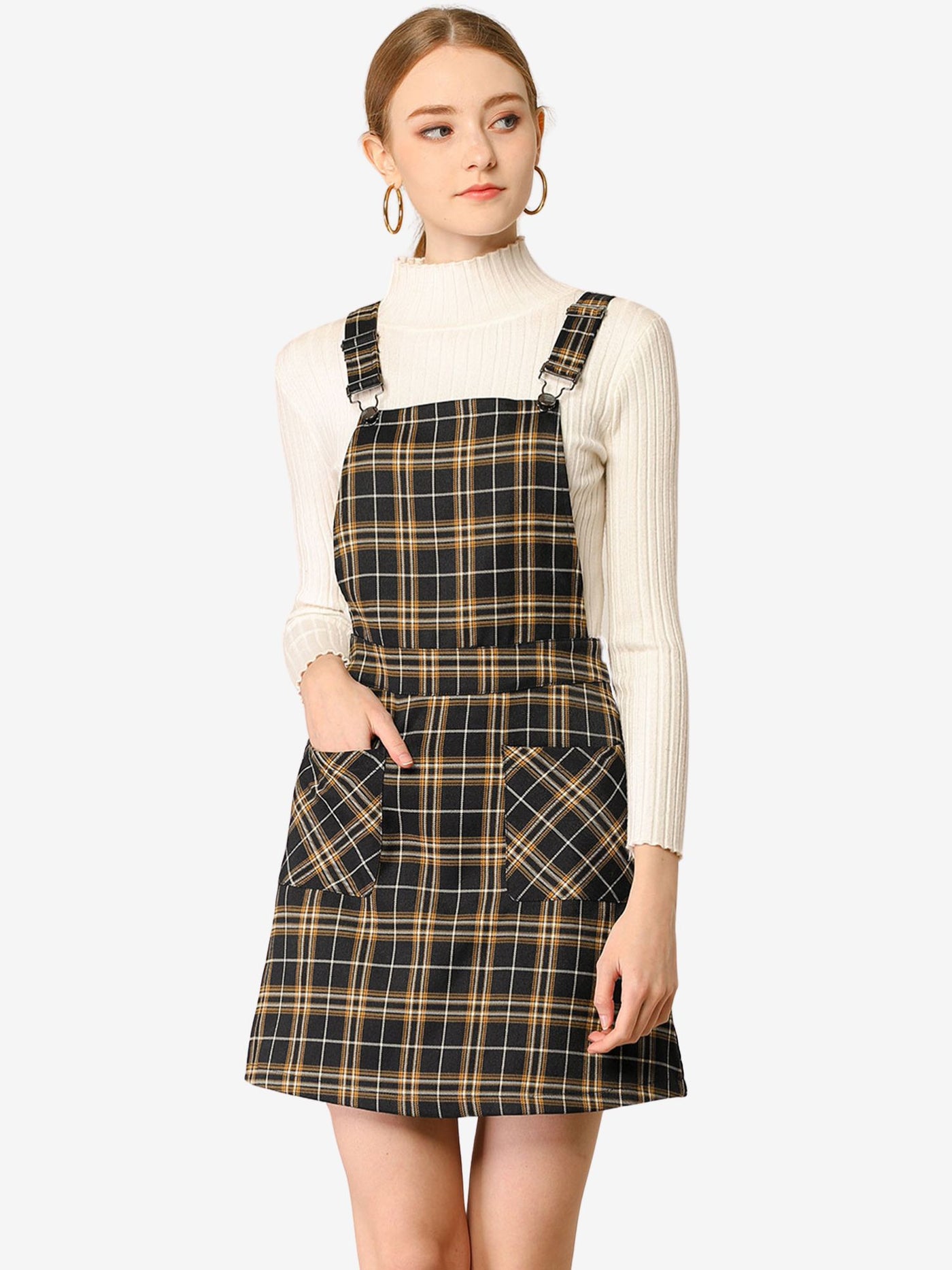 Allegra K Adjustable Strap Above Knee Plaid Printed Overall Suspender Skirt