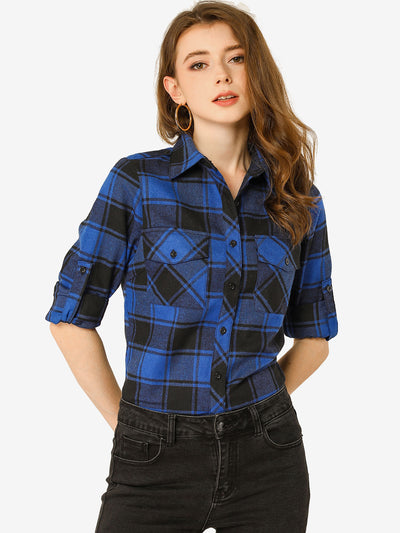 Roll Up Long Sleeve Christmas Button Down Plaid Flannel Shirt Top