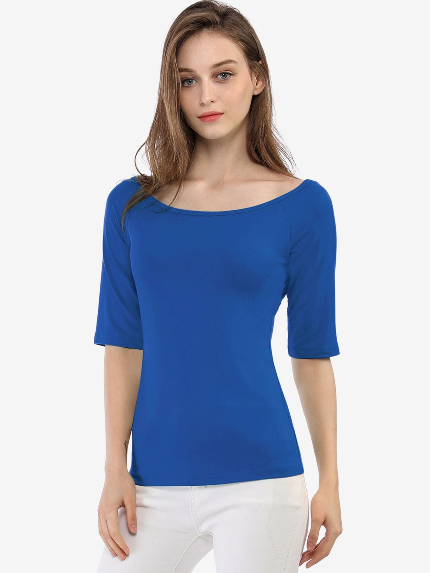 Allegra K Scoop Neck Half Sleeves Fitted Layering Soft T-Shirt