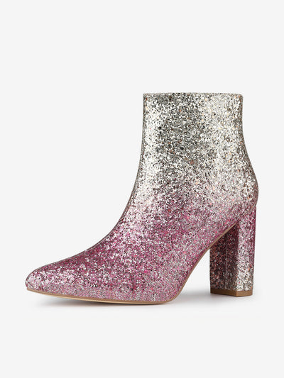 Glitter Pointed Toe Chunky Heel Zipper Ankle Boots