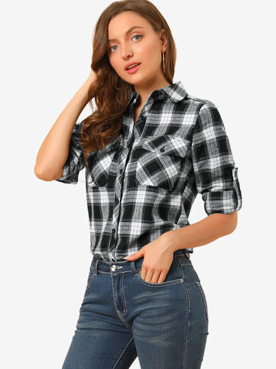 Roll Up Long Sleeve Christmas Button Down Plaid Flannel Shirt Top