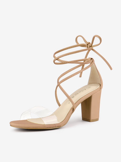 Open Toe Lace Up Clear Strap Block Heel Sandals