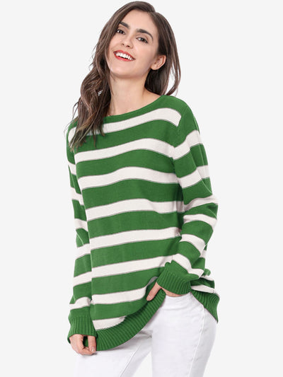 Round Neck Drop Shoulder Color Block Tunic Striped Sweater