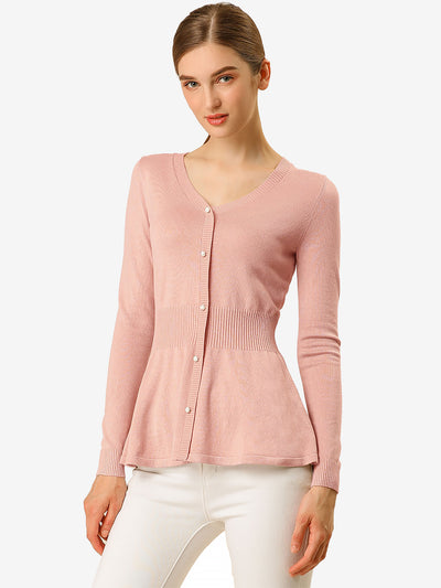 V Neck Long Sleeve Ribbed Pullover Knitted Peplum Top