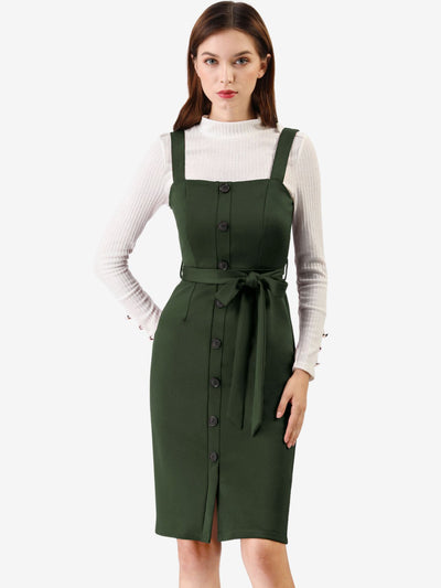 Classic Button Front Sleeveless Tie Waist Pinafore Overall Dress