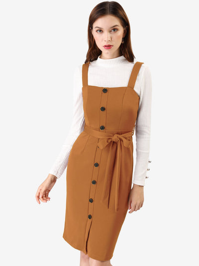 Classic Button Front Sleeveless Tie Waist Pinafore Overall Dress