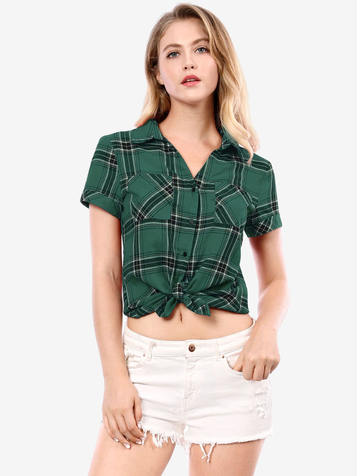 Allegra K Cotton Classic Button Down Plaid Short Sleeve Shirt