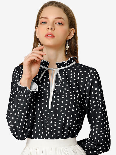 Bow Tie Neck Blouse Ruffled Collar Printed Long Sleeve Vintage Top