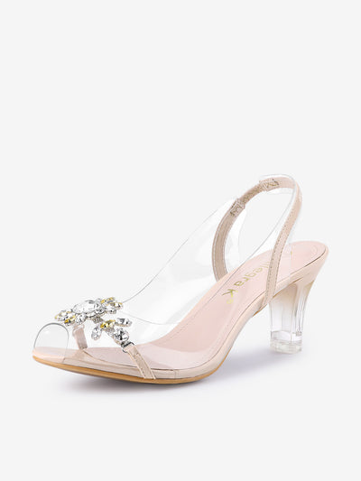 Clear Slingback Flower Rhinestone Peep Toe Heel Sandals