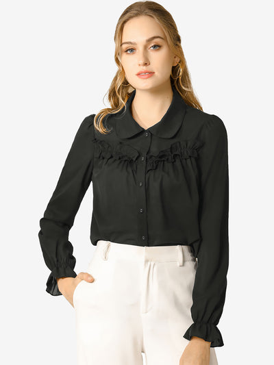 Button Down Ruffle Blouse Long Sleeve Peter Pan Collar Work Shirt Top