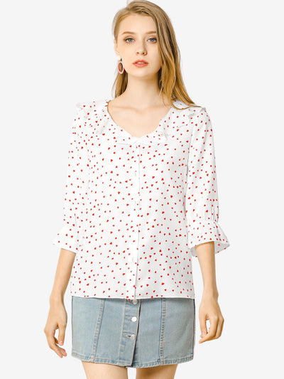 Button Down Shirt Ruffled Collar Elbow Sleeve Heart Print Blouse