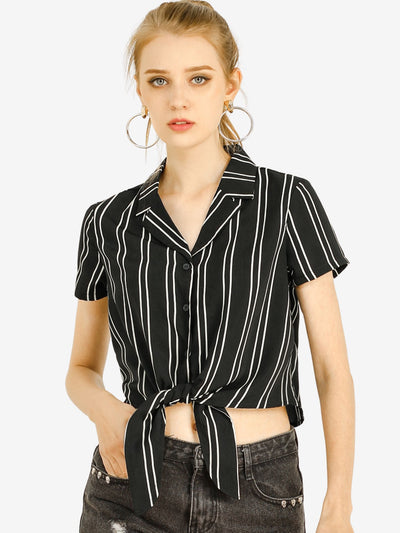 Striped Button Up Lapel Collar Top Short Sleeve Tie Front Crop Shirt