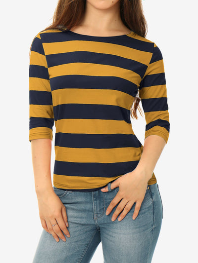 Striped Elbow Sleeve Casual Basic Boat Neck T-shirt