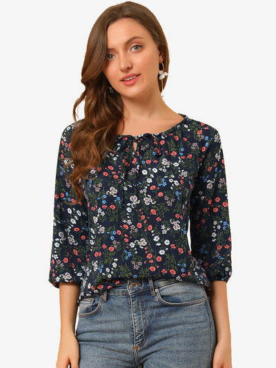 Bow Tie Neck 3/4 Raglan Sleeve Floral Blouse Tops