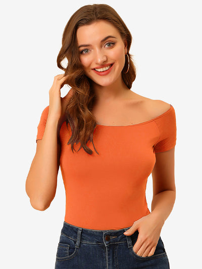 Off Shoulder Short Sleeve Solid Basic Sexy Slim Fit Blouse