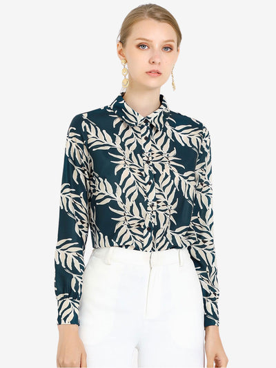 Allegra K Tropical Print Lapel Collar Long Sleeve Elegant Button Down Shirt