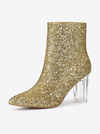 Pointed Toe Clear Block Heel Glitter Ankle Boots