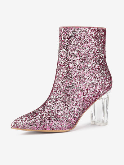 Pointed Toe Clear Block Heel Glitter Ankle Boots