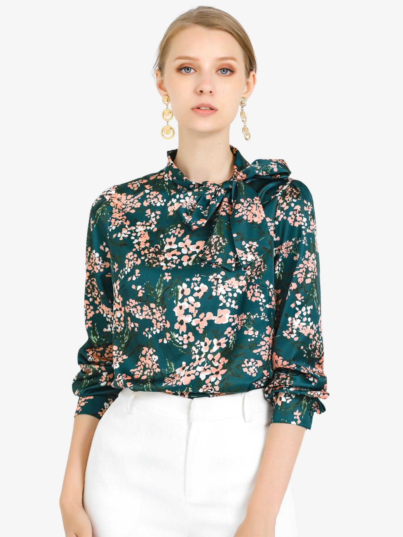 Allegra K Bow Tie Neck Puff Sleeve Floral Elegant Work Top Blouse