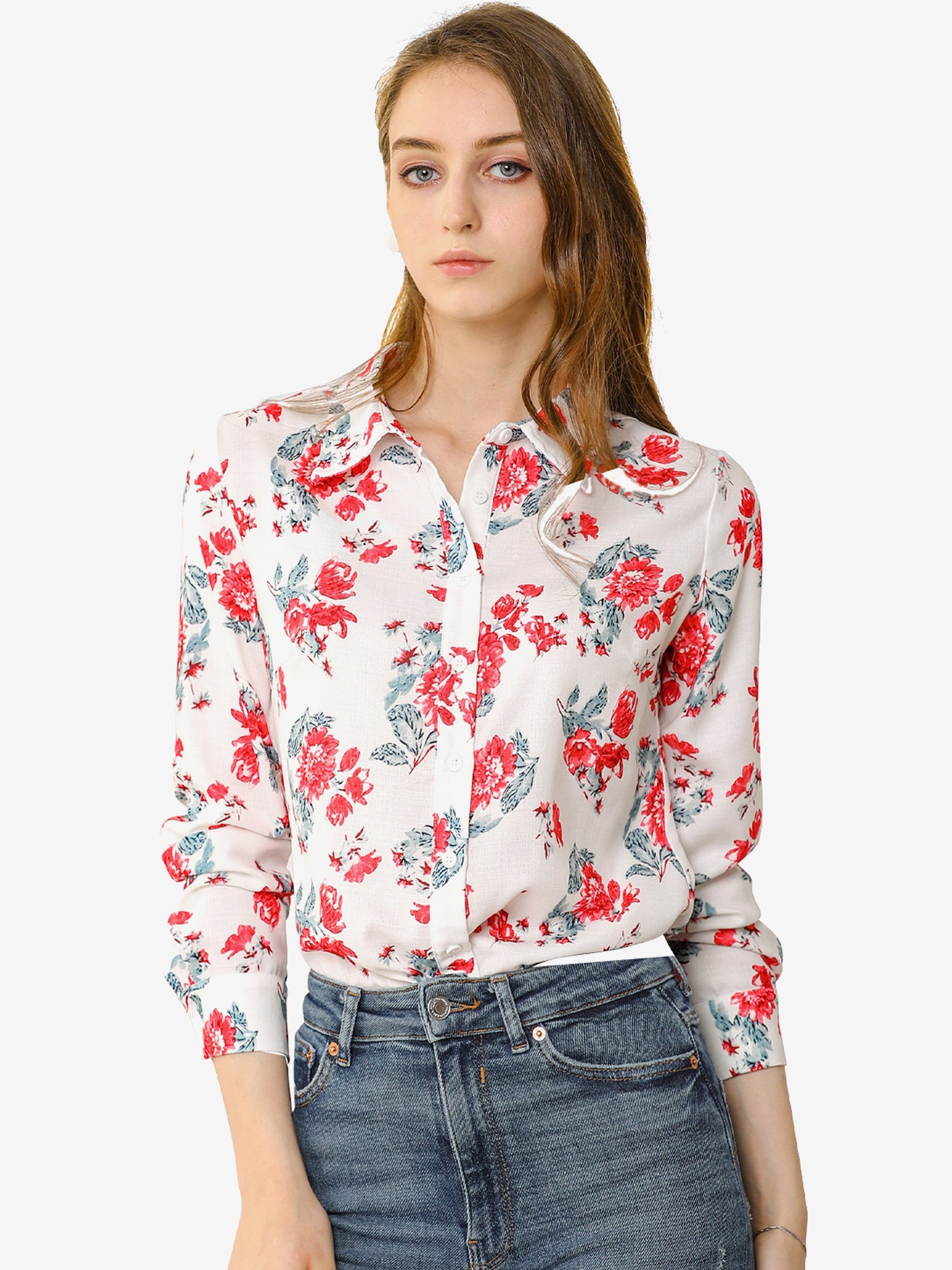 Allegra K Button Down Floral Blouse Long Sleeve Point Collar Shirt Top