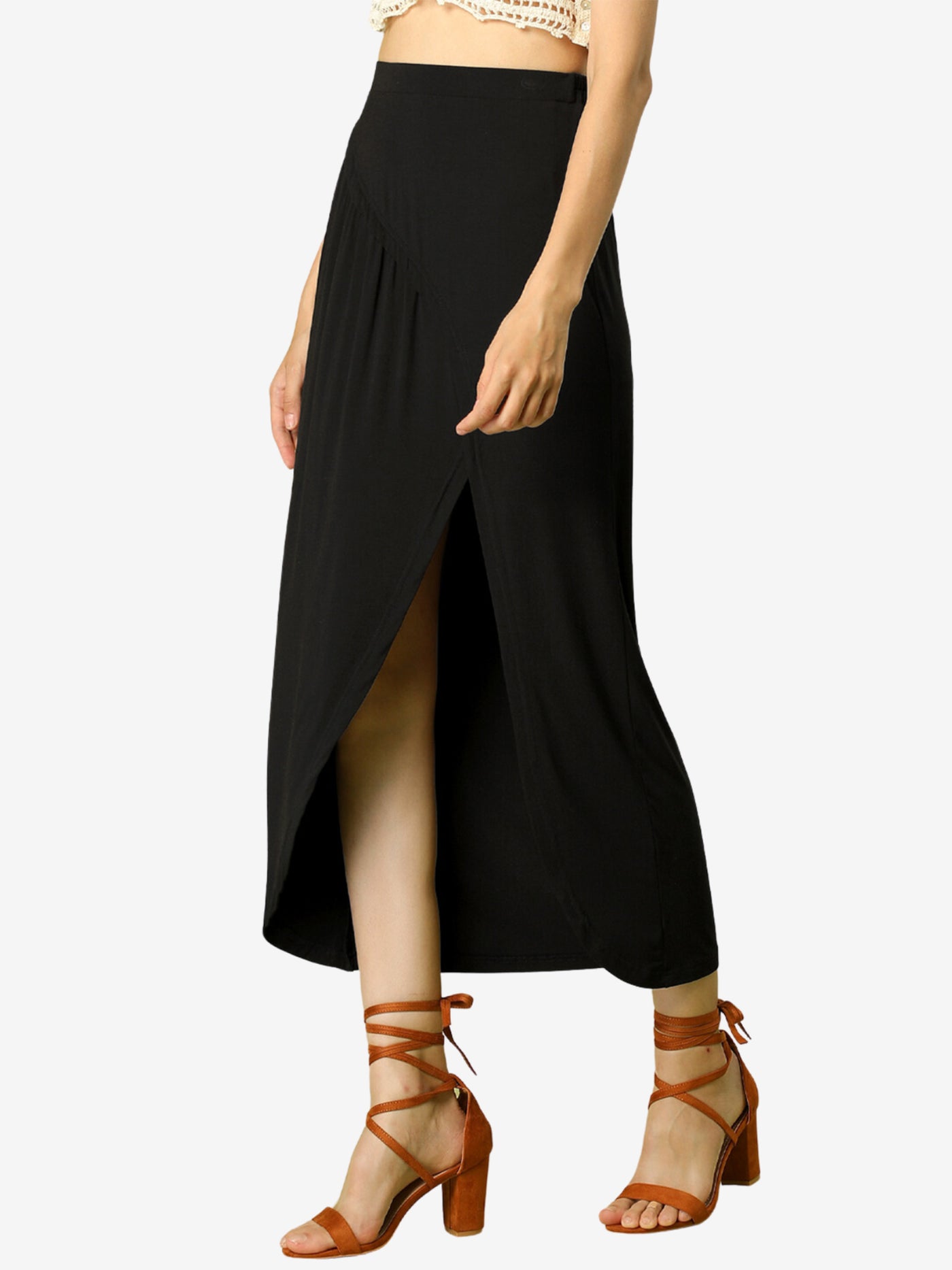 Allegra K Ruched Split High Waist Summer Beach Long Maxi Skirt