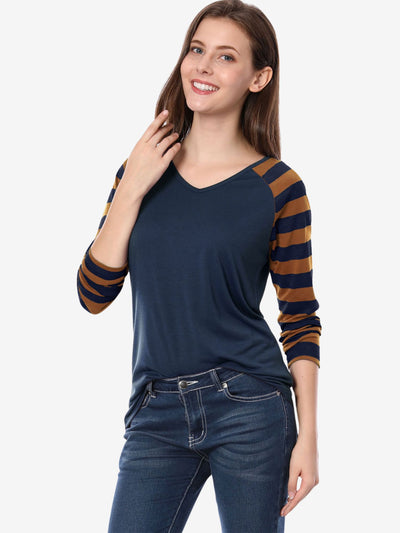 Striped Color Block Long Raglan Sleeve V Neck Baseball T-Shirt