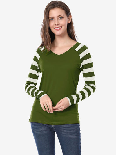 Striped Color Block Long Raglan Sleeve V Neck Baseball T-Shirt