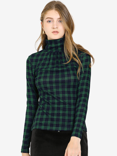 Allegra K Long Sleeve Turtleneck Stretch Slim Christmas Party Plaid Shirt