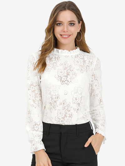 See Through Ruffle Frill Neck Long Sleeve Floral Lace Blouse