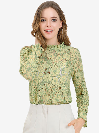 See Through Ruffle Frill Neck Long Sleeve Floral Lace Blouse