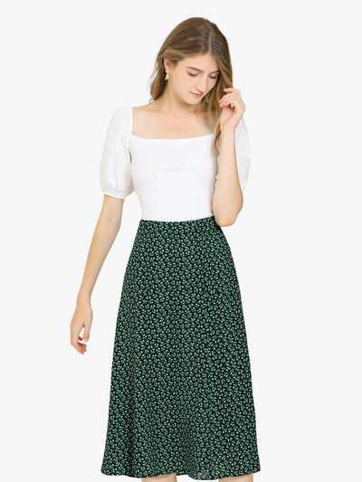 Floral Peasant Elastic Waist A-Line Ditsy Leave Midi Skirt