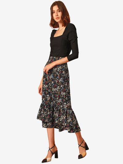 Printed Chiffon Elastic Waist Ruffle Tiered Flowy Midi Skirt