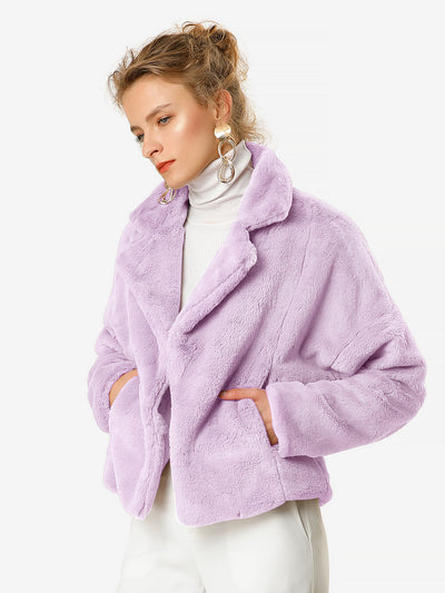 Allegra K Cropped Jacket Notch Lapel Faux Fur Fluffy Coat