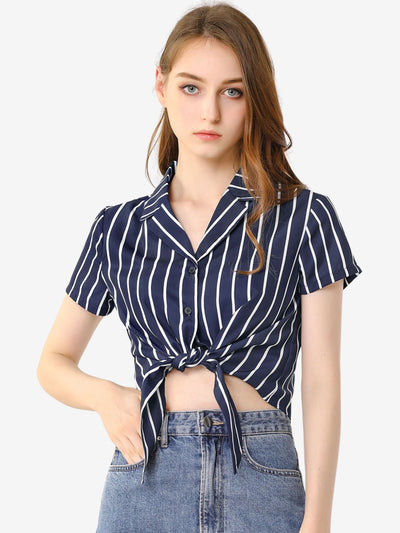 Striped Button Up Lapel Collar Top Short Sleeve Tie Front Crop Shirt