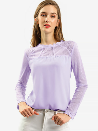 Lace Mesh Long Sleeve Round Neck Casual Elegant Blouse