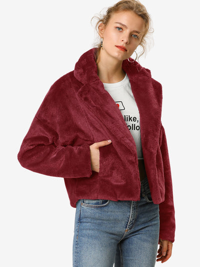 Allegra K Cropped Jacket Notch Lapel Faux Fur Fluffy Coat