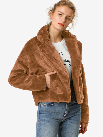 Allegra K Cropped Jacket Notch Lapel Faux Fur Fluffy Coat