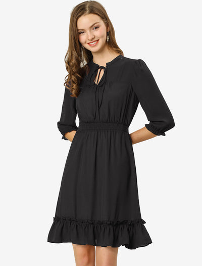 Women's Autumn Wedding Guest Dresses Ruffle Hem 3/4 Sleeve A-Line Smocked Short Chiffon Dress