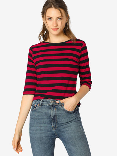 Striped Elbow Sleeve Round Neck Casual T-Shirt